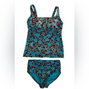 Lands End Square Neck Floral Print Women's Tankini Set. Turquoise & Dark Red